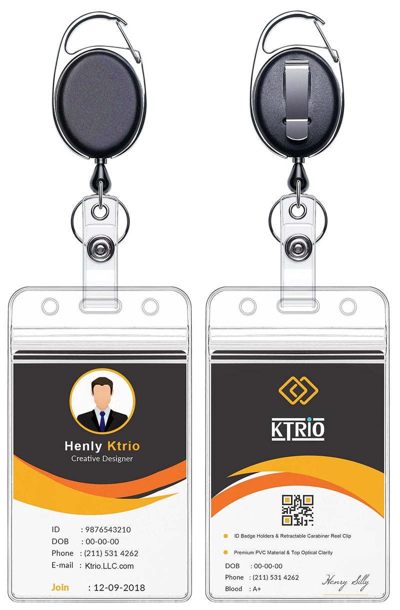 KTRIO ID Badge Holders with Metal Clip and Keyring - Vertical Clear Plastic ID Card Holders (2.5" x 3.4") - Retractable 24" Pull Cord for Office, School, 2 Pack - Image 1